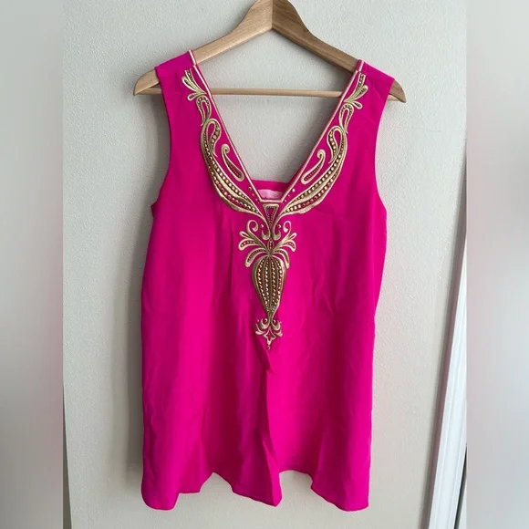 Lilly Pulitzer Owen Silk Trapeze Tunic Dress Hot Pink Gold Beaded Embroidery M - Picture 4 of 9